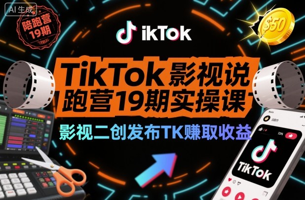 TikTok影视解说陪跑营19期实操课，影视二创发布TK賺取收益，万播收益50美金-幼小初高学社
