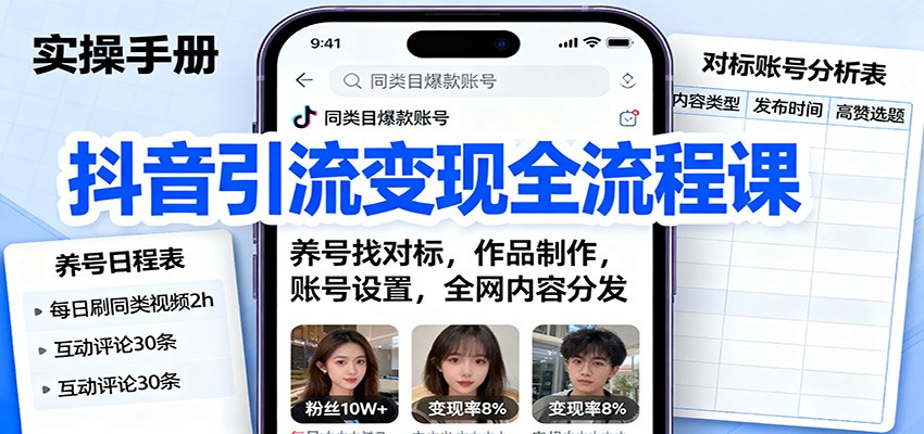 抖音引流变现全流程课：养号找对标，作品制作，账号设置，全网内容分发-幼小初高学社