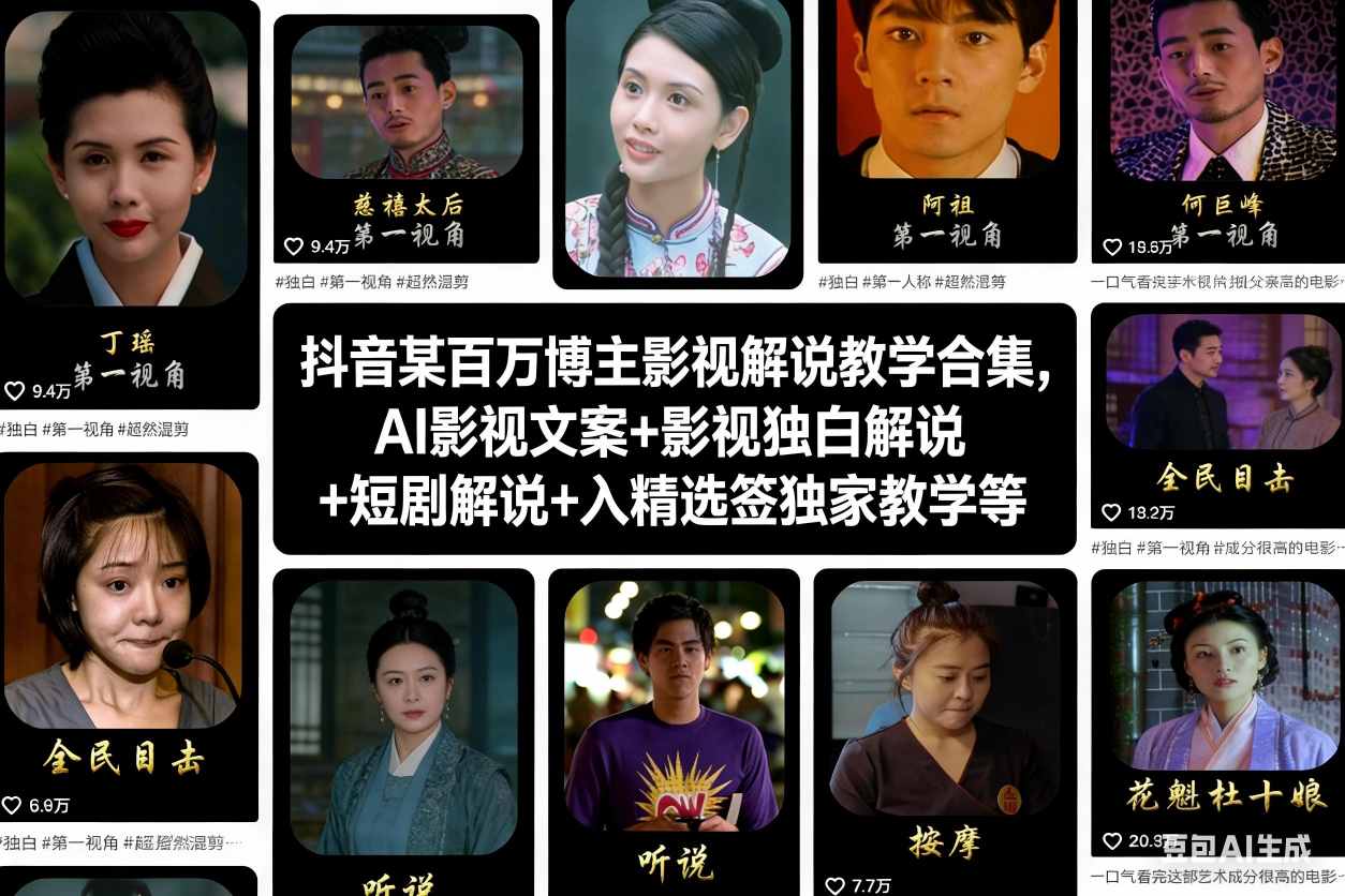 抖音某百万博主影视解说教学合集，AI影视文案+影视独白解说+短剧解说+入精选签独家教学等-幼小初高学社