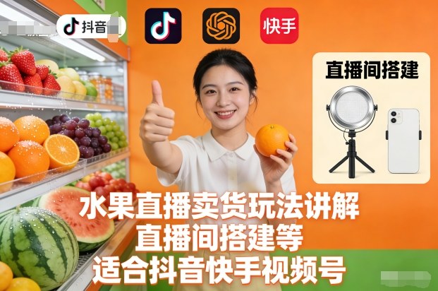 水果直播卖货玩法讲解、直播间搭建等，适合抖音快手视频号-幼小初高学社
