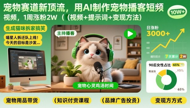 宠物赛道新顶流，用AI制作宠物播客短视频，1周涨粉2W(视频+提示词+变现方法)-幼小初高学社