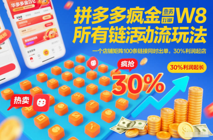 拼多多疯狂活动流玩法，所有链接全部打标，一个店铺矩阵100条链接同时出单，30%利润起店-幼小初高学社