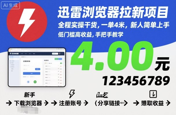 迅雷浏览器拉新项目，全程实操干货，一单4米，新人简单上手-幼小初高学社