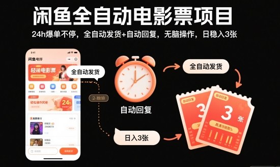 闲鱼全自动电影票项目，24h爆单不停，全自动发货+自动回复，无脑操作，日稳入3张【揭秘】-幼小初高学社