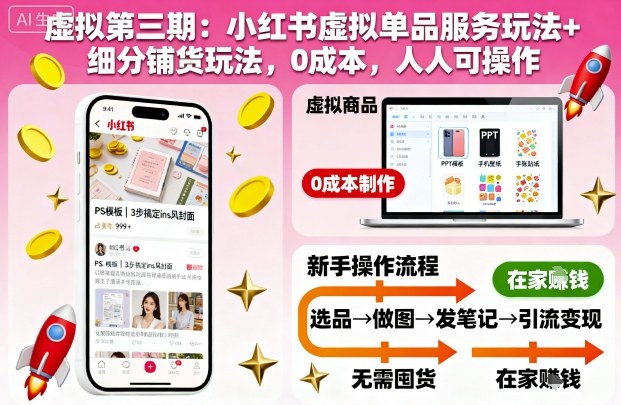 虚拟第三期：小红书虚拟单品服务玩法+细分铺货玩法，0成本，人人可操作-幼小初高学社