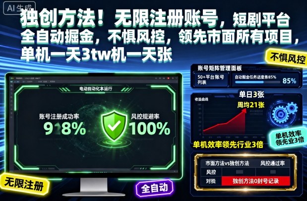 独创方法！无限注册账号，短剧平台全自动掘金，不惧风控，领先市面所有项目，单机一天3张【揭秘】-幼小初高学社