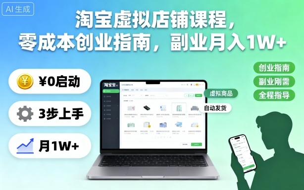 淘宝虚拟店铺课程，零成本创业指南，副业月入1W+-幼小初高学社