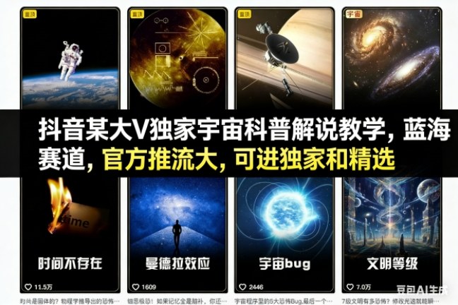 抖音某大V独家宇宙科普解说教学，蓝海赛道，官方推流大，可进独家和精选-幼小初高学社