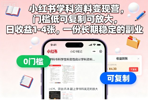 小红书学科资料变现营，门槛低可复制可放大，日收益1-4张，一份长期稳定的副业-幼小初高学社