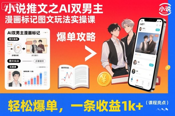 小说推文之AI双男主漫画标记图文玩法实操课，轻松爆单，一条收益1k+-幼小初高学社