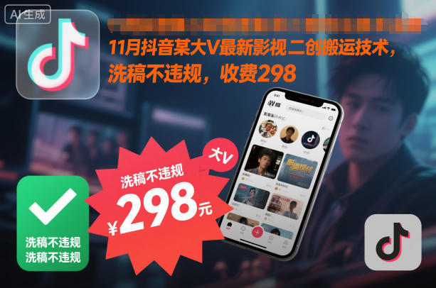 11月抖音某大V最新影视二创搬运技术，洗稿不违规，收费298-幼小初高学社