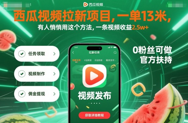 西瓜视频拉新项目，一单13米，有人悄悄用这个方法，一条视频收益2.5w+(附详细教程)-幼小初高学社